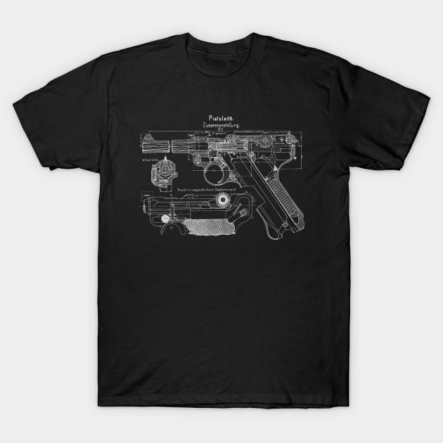 WW2 Luger P08 Weapon Blueprint T-Shirt by Distant War